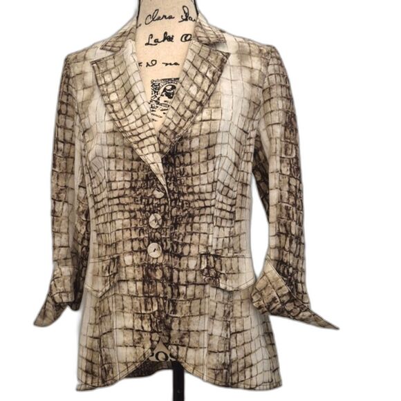 Alberto Makali Blazer Jacket 10 Brown 100% Linen Lace Pattern Notched Lapel - Picture 1 of 9